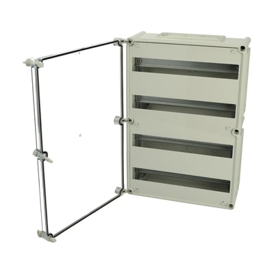 Fibox MC EKUM DIN-skinnekasse med transparent, åbent hængslet låg og fire rækker til moduler, model 563813 T-2FSH 4x19M.