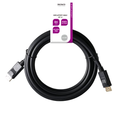 Sort Deltaco DisplayPort-kabel med DP 1.4, 4 meter og hanstik i begge ender, oprullet med mærkat.