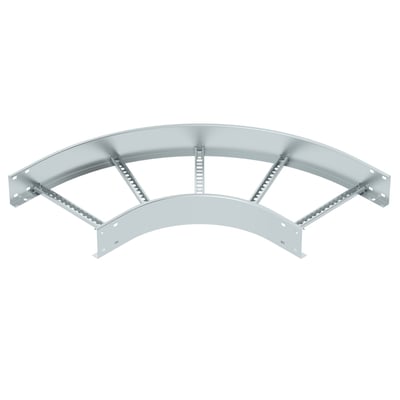 OBO Bettermann 90 graders bøjning til kabelstige, 110x400 mm, galvaniseret, vist på neutral hvid baggrund for detaljeret overblik.