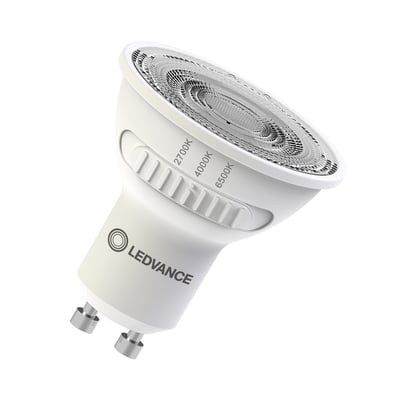 Hvid Ledvance LED-spot PAR16 med GU10-fatning, justerbar lysfarve og synlig lysfarvevælger.