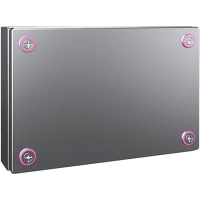 Rittal KX klemmekasse i rustfrit stål 300x200x80 mm med fire pink-kantede skruer på forsiden.