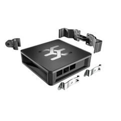 Sort Raspberry PI kabinet fra Weidmüller, model UH20-RPI-4-BASE, vist med forskellige monteringsdele omkring.