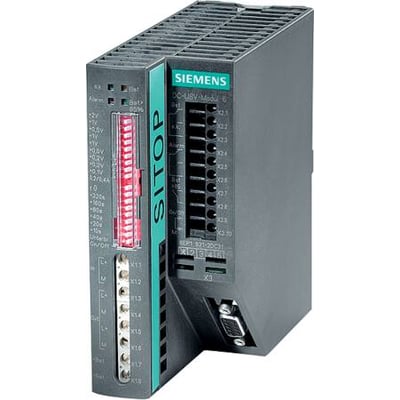 Siemens Sitop DC UPS modul 6A med USB interface, 24V DC/6A, vist fra siden med synlige tilslutningsklemmer og statusindikatorer.