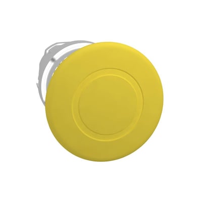 Schneider Electric paddetrykhoved i gul med Ø40 mm diameter, viser tryk/træk funktion på hvid baggrund.