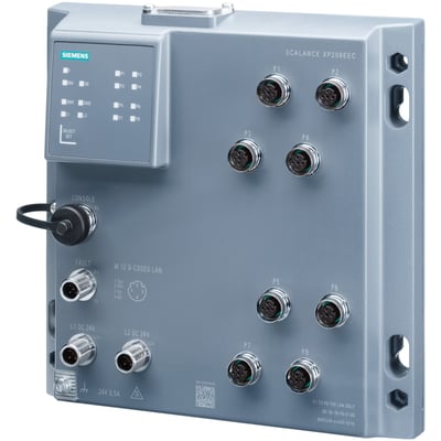 Siemens Scalance XP208POE EEC managed IE switch med 8 x 10/100MBIT/S M12-porte og robust IP65/67 kabinet i grå.