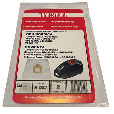 Pakke med 5 hvide Hanestrom støvsugerposer til OBH Nordica Silence Force, viser emballage med produktinformation og en illustration.