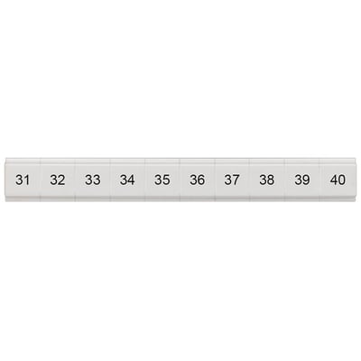 Siemens mærkeplade med numrene 31 til 40 lodret skrevet, hvid, 5,2 mm bred. Bruges til klemrækker.