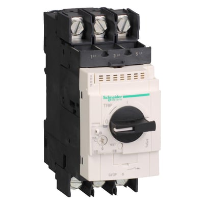 Schneider Electric TeSys GV3 motorværn, 48-65A, med kabelsko og drejehåndtag for test og nulstilling.