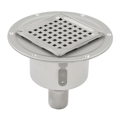 Blücher afløbsskål i rustfrit stål med 50 mm lodret udgang og smøremembran, vist med et firkantet riste.