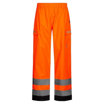 Lyngsøe Rainwear FOX6052 regnbuks i XL, set forfra i orange med grå refleksbånd og sorte benafslutninger.