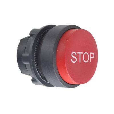 Schneider Electric rød STOP trykknap med ophøjet trykflade og sort montagebeslag, ideel til 22mm huller.