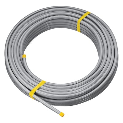 Viega Raxofix rør i grå PE-XC/AL/PE-XC materiale, 32x3,2 mm, 50 meter rulle med gule tapebånd og endehætte.