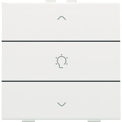 Niko dæmpertryk i hvidt design med symboler for op og ned samt lyspære, klar til montering på busprint.