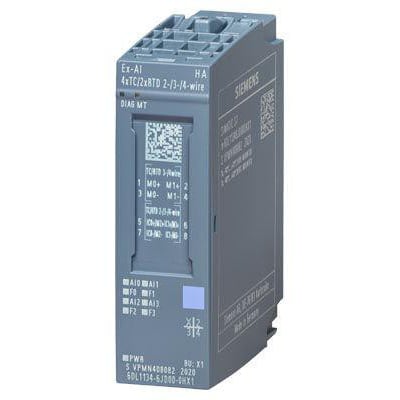 Siemens SIMATIC ET 200SP HA analog ex-i input module, Ex-AI 4xTC/2xRTD 2-/3-/4-wire, fremviser mærkater med tekniske specifikationer og Siemens logo.