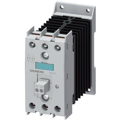 Siemens 3RF24 solid-state kontaktor med 20A strøm og 3-faset tilslutning, komplet med køleplade og skrueklemmer.