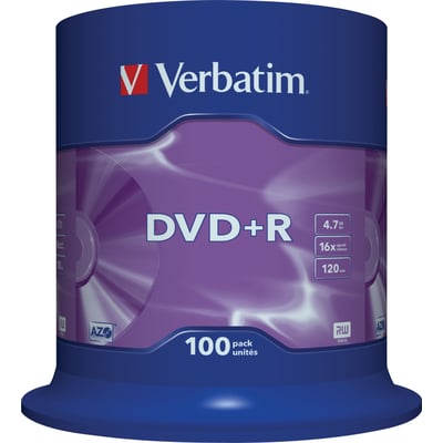 Verbatim DVD+R-medier med AZO på blå og lilla spindelemballage; etiketten viser 4,7 GB og 16x.