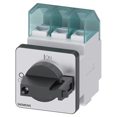 Siemens 3-polet hovedafbryder på 32 A med sort drejegreb og tre synlige tilslutninger, set forfra og fra siden.