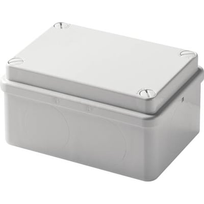 ABB montagekasse IP55 i RAL 7035, 310x240x110mm, med glatte sider og lavt låg med fire synlige skruer.