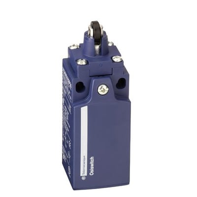 Schneider Electric endestop stempel RULLENO+NCU/M XCKN2503P20 i mørkeblåt plast med en rulle for enden, set fra siden med hvid baggrund.