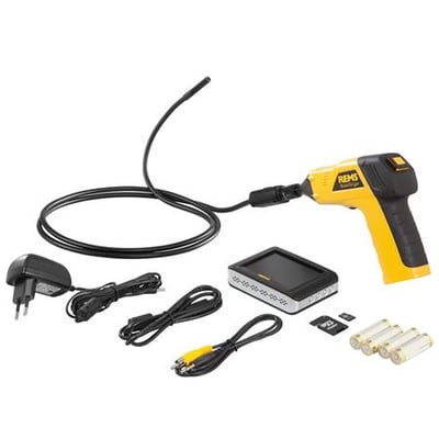 REMS CamScope inspektionskamera sæt med gul og sort håndholdt enhed, aftagelig skærm, kamerakabel med lys og diverse tilbehør som adapter og batterier.