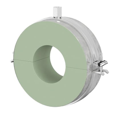 Flamco CC40 isoleret rørbøjle i lysegrøn med PIR-isolering til 54 mm rør og M8/M10 gevind, vist på hvid baggrund.