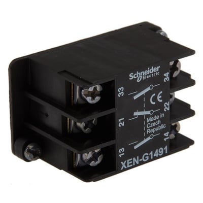 Detaljeret billede af Schneider Electric kontaktelement XENG1491, viser mærkning med 2xNO, 1xNC kontakter og produktnummer.