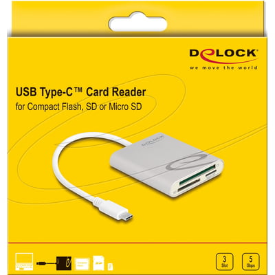 Emballagen til DeLock USB-C-kortlæseren viser den sølvfarvede læser med kabel og åbninger til CF-, SD- og microSD-kort.
