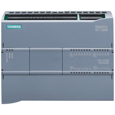 Siemens SIMATIC S7-1200 CPU 1215C DC/DC/DC, frontvisning af I/O terminalblok med digitale indgange (DI) og digitale udgange (DQ).