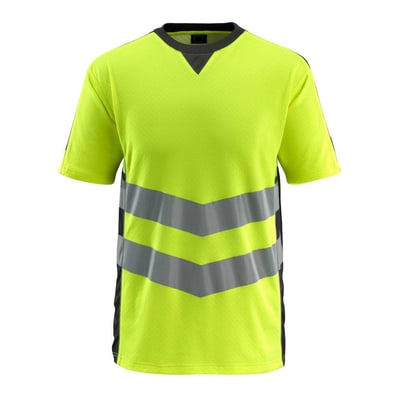 Mascot Sandwell hi-vis T-shirt i gul og sort med skrå refleksbånd, rund hals og moderne pasform, lavet af bomuld og polyester.