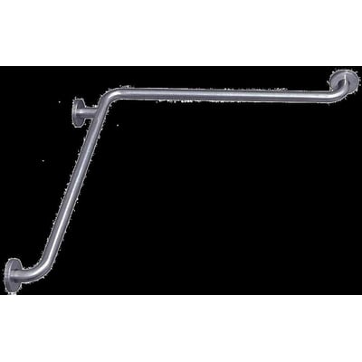 Detaljeret vinkel af Intra Juvel støttehåndtagets monteringsbeslag i børstet rustfri stål, på sort baggrund.