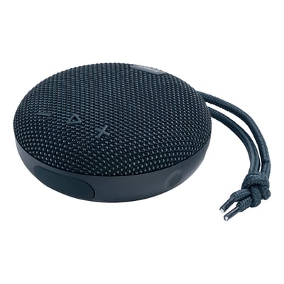 Blå Streetz CM769 Bluetooth-højttaler med rund, vævet front, betjeningsknapper og praktisk bærestrop.