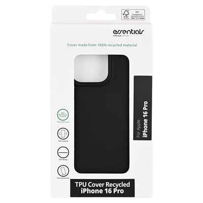 Emballage med sort TPU-bagsidecover til iPhone 16 Pro, vist forfra med coverets store kameraåbning.