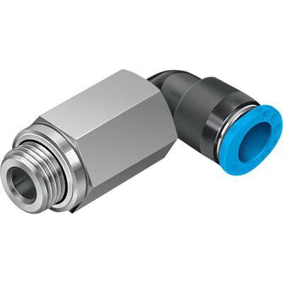 Festo lang vinkel-forskruning QSMLL-G1/8-4 med 360° justerbar kobling og udvendigt gevind, på hvid baggrund.