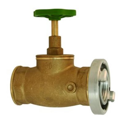 Nærbillede af Falck Teknik brandventil i messing, der viser 2" Storz afgang med metalisk pakflade og grøn betjeningshjul.