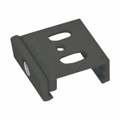 Sort SpectrumLED-installationsklips i aluminium til 3-fasede skinner, set skråt ovenfra med aflange huller og skruer.