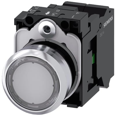 Siemens oplyst trykknap 22mm med ru metalfront, klar linse og 1 NO fjederklemme.