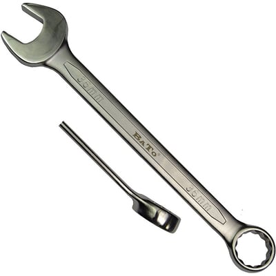 Skinnende Bato ringgaffelnøgle 36 mm i metal med åben ende og ringende, sat sammen på hvid baggrund.