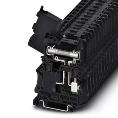 Detaljeret billede af Phoenix Contact UT 6-HESILED 24 sikringsklemme, der viser intern mekanisme og 6,3x32mm sikring med LED.