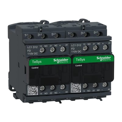 Schneider Electric TeSys D reverseringskontaktor med 12A strøm, 3-polet, 3NO og 2NO/2NC kontakter, og 110V DC spole.