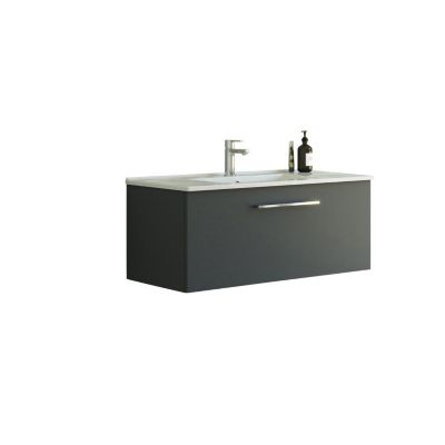 Dansani Mido møbelpakke 101 cm i grå med en skuffe og hvid vask med armatur, set forfra på hvid baggrund.