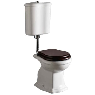 Lavabo Contea Retro gulvstående toilet i hvid med lav cisterne, kromrør og valnøddefarvet toiletsæde.