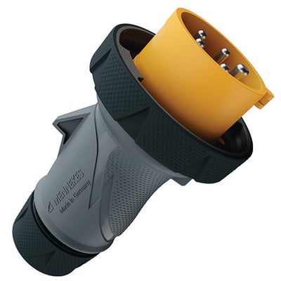 Mennekes PowerTOP Xtra R CEE-stikprop med gråt og sort ergonomisk hus og orange stikdel, 16 A og 110 V.