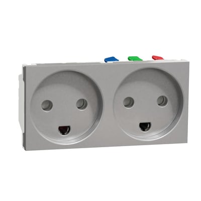 Schneider Electric Unica dobbelt stikkontakt i metallic finish, med synlige terminaler og farvekodede knapper på toppen.