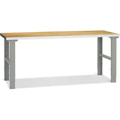 Grå filebænk med egeparketbordplade og aluminiumsfront, 2000 x 800 mm, med justerbare ben og kapacitet på 750 kg.