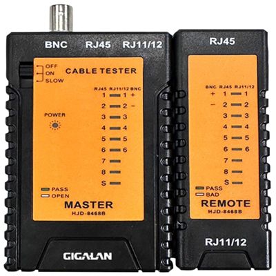 Gigalan kabeltester med master- og remote-enhed til RJ45, BNC og RJ11/12 kabler, viser testindikatorer og status for 9V batteri.