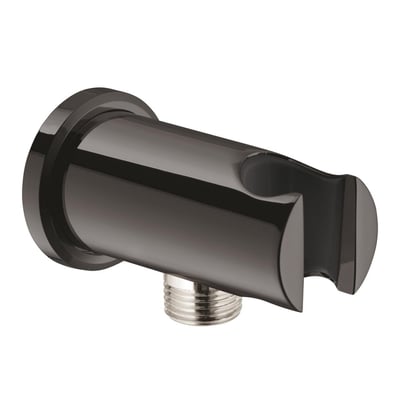 Grohe Rainshower dækvinkel med holder i poleret hard graphite, 1/2" gevind og Ø 48 mm diameter på hvid baggrund.