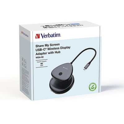 Verbatim Share My Screen USB-C trådløs adapter med hub i original emballage, der viser 4K HDMI understøttelse.