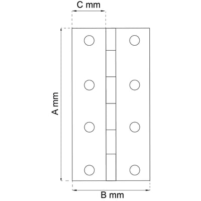 Teknisk tegning af Habo kanthængsel 63 x 43 mm, der viser dimensioner A, B og C samt skruehuller.