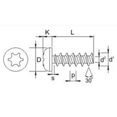 Teknisk tegning af 4,0x12 FZB Plas-Tech skrue med panhoved og T-20 kærv, viser dimensioner som D, K, L, s, p og gevindspecifikationer.