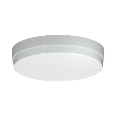 Opple LED-armatur LEDWM-P2 RD320-19W-DALI-830/840 med rund, grå kant og hvid lysskærm, set skråt forfra.